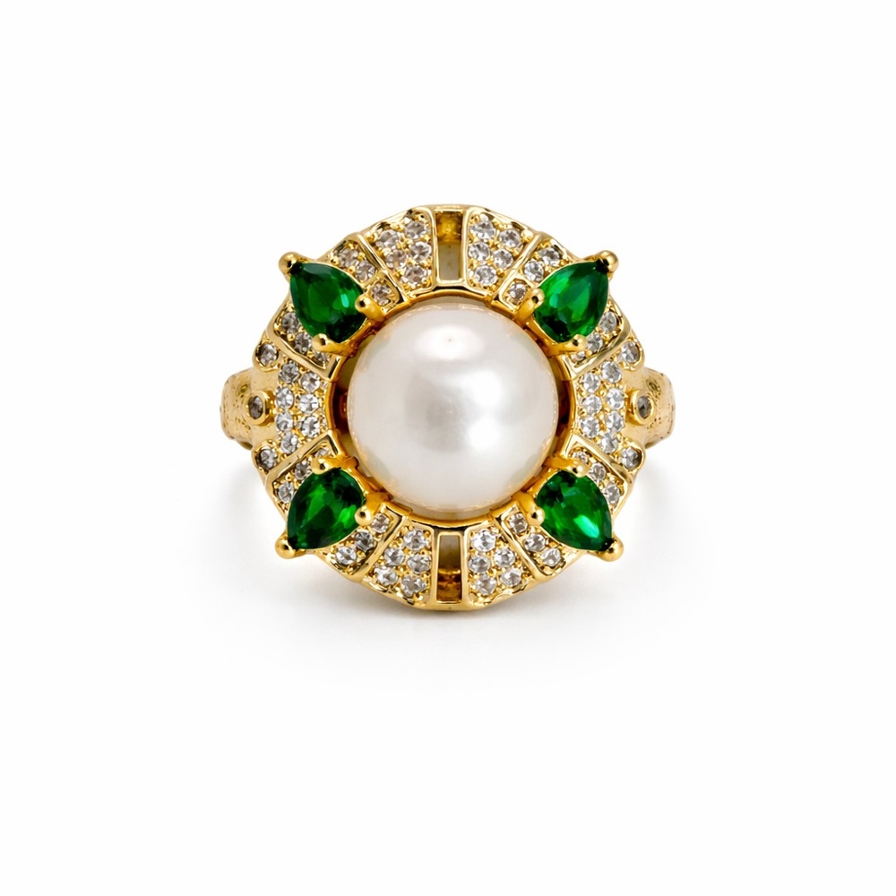 Gold Pearl and Green Crystal Ring - Picture 1 of 3